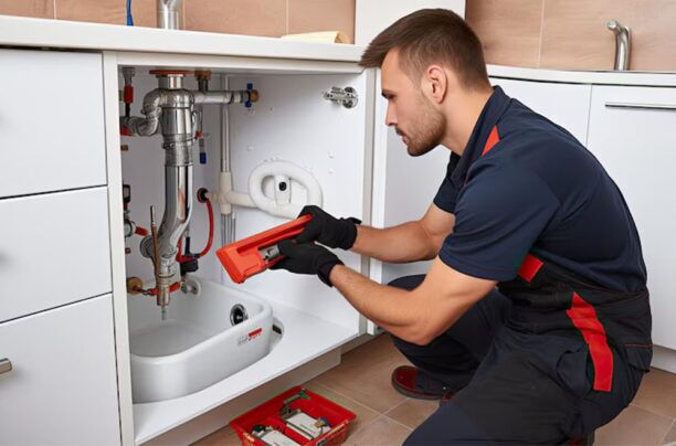 plumber cost in Derby: A plumber fixing a leak under the sink