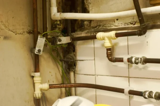 Old corroded plumbing system with rusted pipes and outdated fittings in need of replacement.