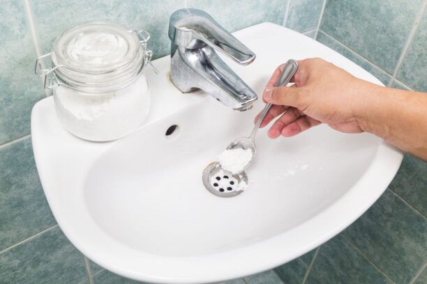 A person pouring a caustic soda solution into a clogged drain to clear the blockage effectively.