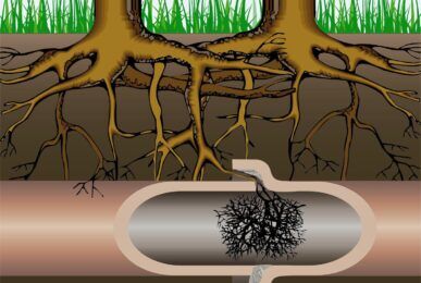 Tree roots blocking pipes in an underground plumbing system.